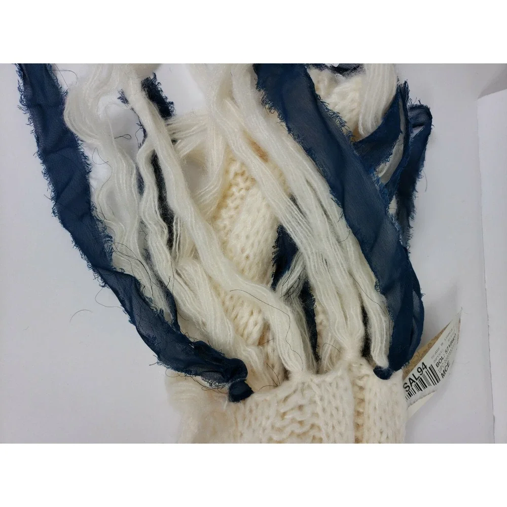 Unique American Rag Scarf w/ Fringe & Buttons Ivory w/ Blue Ribbon Winter - E1